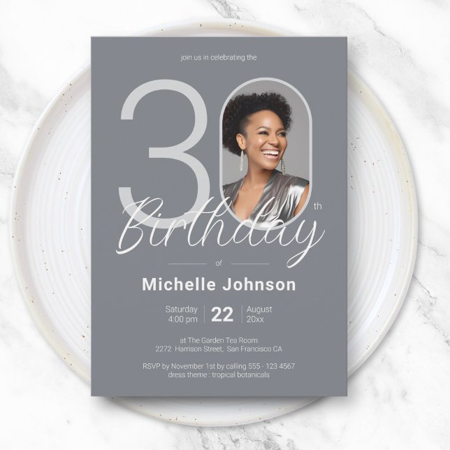 Elegant Silver Vit Anpassad Foto 30-årsdag Inbjudningar (Elegant Silver White Custom Photo 30th Birthday Invitation)