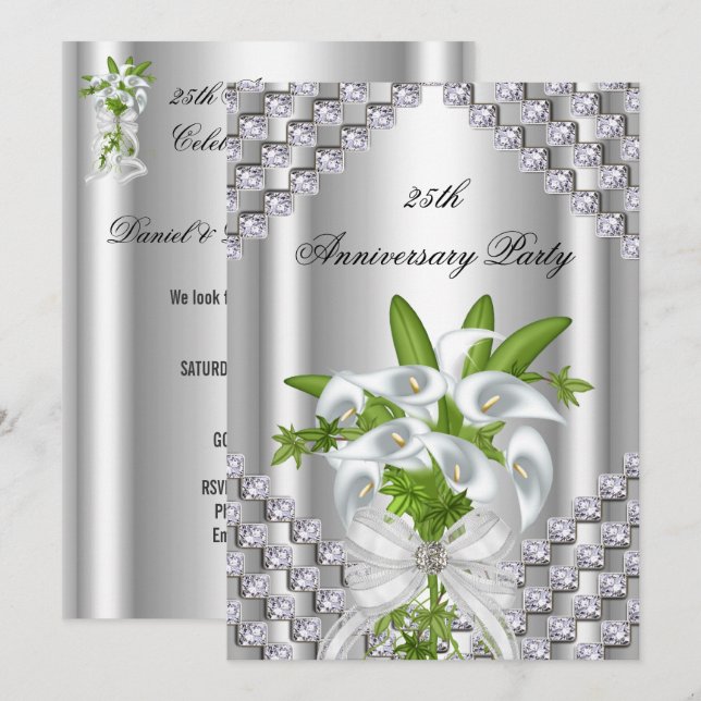 Elegant silver vit blomster 25-årsjubileum fest inbjudningar (Fram/baksida)