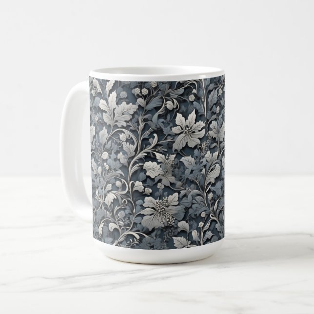 Elegant silver, vit grått blommigt  kaffemugg (Framsida vänster)