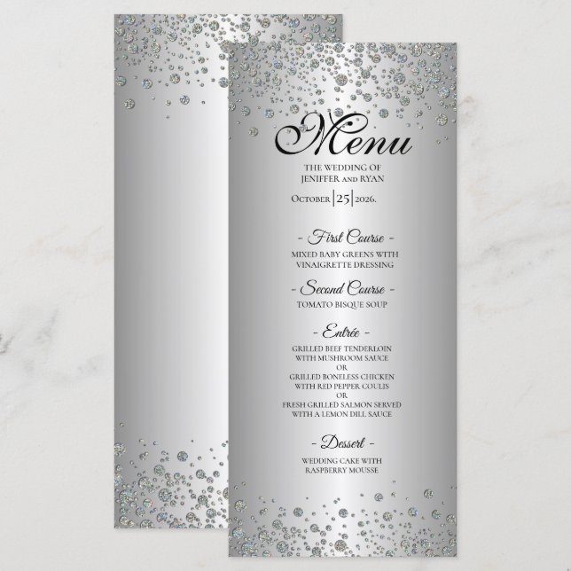 Elegant silver Wedding Menu Meny (Fram/baksida)