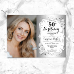 Elegant Silver White Blommigt Photo 50:e födelseda Inbjudningar<br><div class="desc">Femininininbjudan till elegantens blommigt på 50 år med ditt foto. Glam-design med faux silver. Funktioner vit ros, typsnitt för skript och konfiguration. Perfekt för en snyggt vuxen under firande party. Anpassa med dina egna detaljer. Kan anpassas för vilken ålder som helst! Skrivna Zazzle-inbjudningar eller digital utskrivbar mall för omedelbar nedladdning....</div>