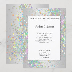 ELEGANT SILVER WHITE HOLOGRAPHIC PASTEL BRÖLLOP INBJUDNINGAR