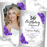 Elegant Silver White Lila Photo 50:e födelsedagen Inbjudningar<br><div class="desc">Femininininbjudan till elegantens blommigt på 50 års födelsedag med ditt foto på baksidan av kortet. Glam-design med faux silver. Har lila ro, skriptteckensnitt och kontur. Perfekt för en snyggt vuxen under firande party. Anpassa med dina egna detaljer. Kan anpassas för vilken ålder som helst! Skrivna Zazzle-inbjudningar eller digital utskrivbar mall...</div>