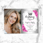 Elegant Silver White PinkRoses Photo 50:e födelsed Inbjudningar<br><div class="desc">Femininininbjudan till elegantens blommigt på 50 år med ditt foto. Glam-design med faux silver. Funktioner rosa ros, typsnitt för skript och konfiguration. Perfekt för en snyggt vuxen under firande party. Anpassa med dina egna detaljer. Kan anpassas för vilken ålder som helst! Skrivna Zazzle-inbjudningar eller digital utskrivbar mall för omedelbar nedladdning....</div>