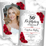 Elegant Silver White Red Photo 50:e födelsedagen<br><div class="desc">Femininininbjudan till elegantens blommigt på 50 års födelsedag med ditt foto på baksidan av kortet. Glam-design med faux silver. Funktioner röd ros, typsnitt för skript och konfiguration. Perfekt för en snyggt vuxen under firande party. Anpassa med dina egna detaljer. Kan anpassas för vilken ålder som helst! Skrivna Zazzle-inbjudningar eller digital...</div>