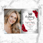 Elegant Silver White Röd ros Foto 50:e födelsedage Inbjudningar<br><div class="desc">Femininininbjudan till elegantens blommigt på 50 år med ditt foto. Glam-design med faux silver. Funktioner röd ros, typsnitt för skript och konfiguration. Perfekt för en snyggt vuxen under firande party. Anpassa med dina egna detaljer. Kan anpassas för vilken ålder som helst! Skrivna Zazzle-inbjudningar eller digital utskrivbar mall för omedelbar nedladdning....</div>