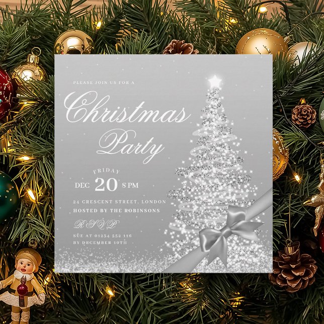 Elegant Silver Winter Christmas Tree Bow  Inbjudningar (Elegant Silver Winter Christmas Tree Bow Invitation)