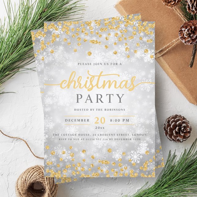 Elegant Silver Winter Diamonds jul Guld Inbjudningar (Elegant Silver Winter Diamonds Christmas Gold Invitation)