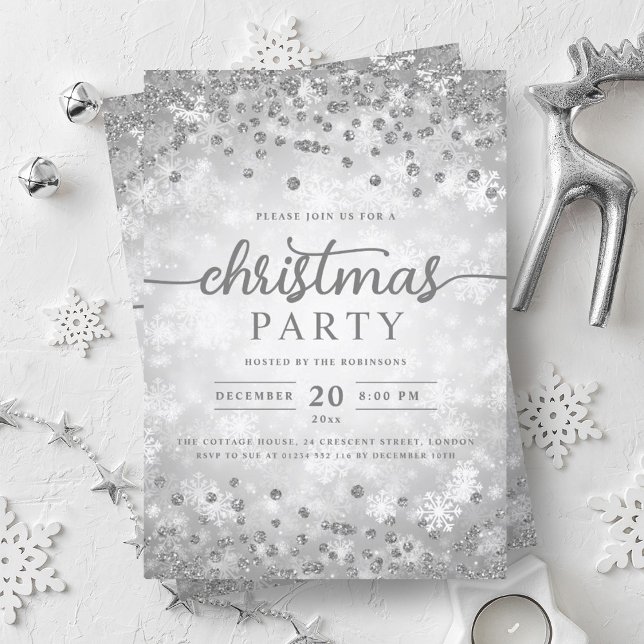 Elegant Silver Winter Diamonds jul Party Inbjudningar (Elegant Silver Winter Diamonds Christmas Party Invitation)