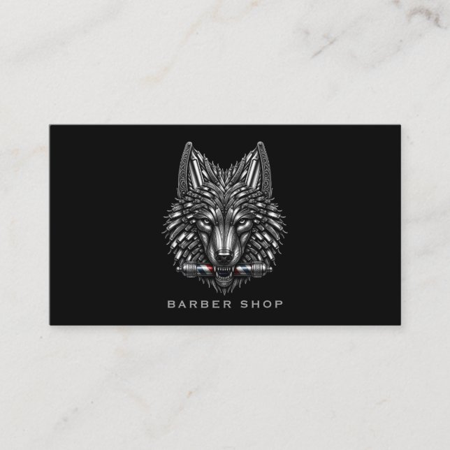 Elegant Silver Wolf Barber Shop Logotyp Frisör Visitkort (Framsida)