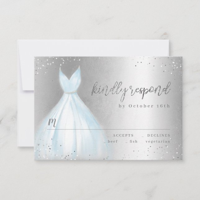 Elegant silverblå klänning quinceañera RSVP OSA Kort (Framsida)