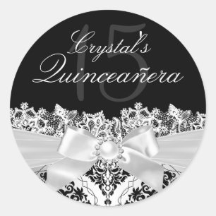 Elegant silverdamask & Bow Quinceanera-dekal Runt Klistermärke