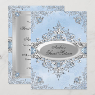 Elegant silverdamask och blå ädelsten Sweet Sixtee Inbjudningar