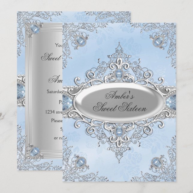Elegant silverdamask och blå ädelsten Sweet Sixtee Inbjudningar (Fram/baksida)
