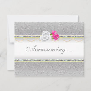 Elegant silverdamask och rosa ros bröllop inbjudningar