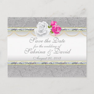 Elegant silverdamask och rosa ros - Spara datum Meddelande Vykort
