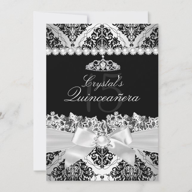 Elegant silverdamask och rosett Quinceanera-inbjud Inbjudningar (Framsida)