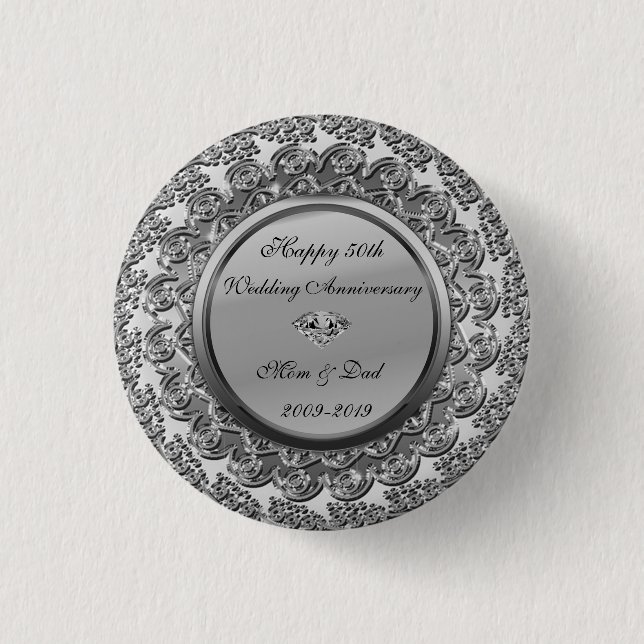 Elegant silverdiamant 50-års bröllopsjubileum knapp (Framsida)