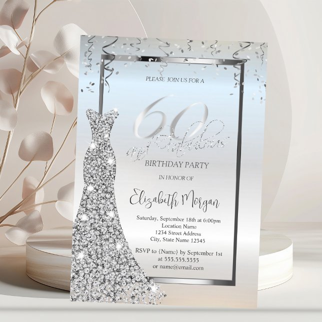 Elegant silverdiamantklänning silver 60-årsdag inbjudningar (Skapare uppladdad)