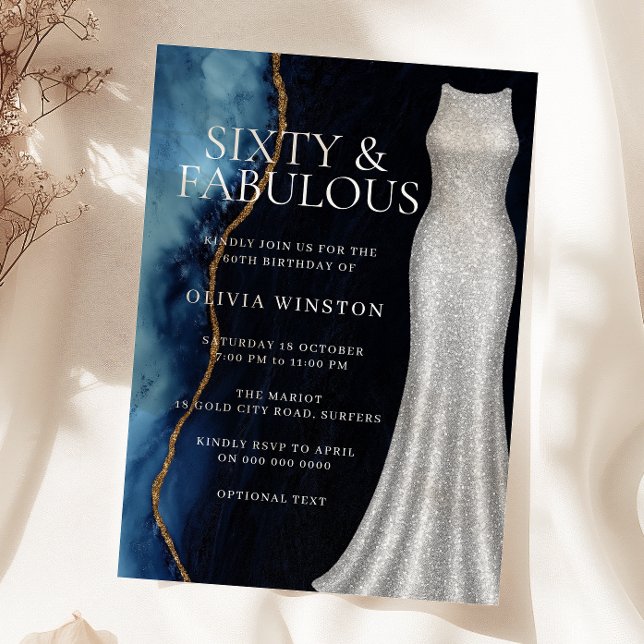 Elegant silverdräkt & Navy 60-års födelsedagsfest Inbjudningar (Skapare uppladdad)