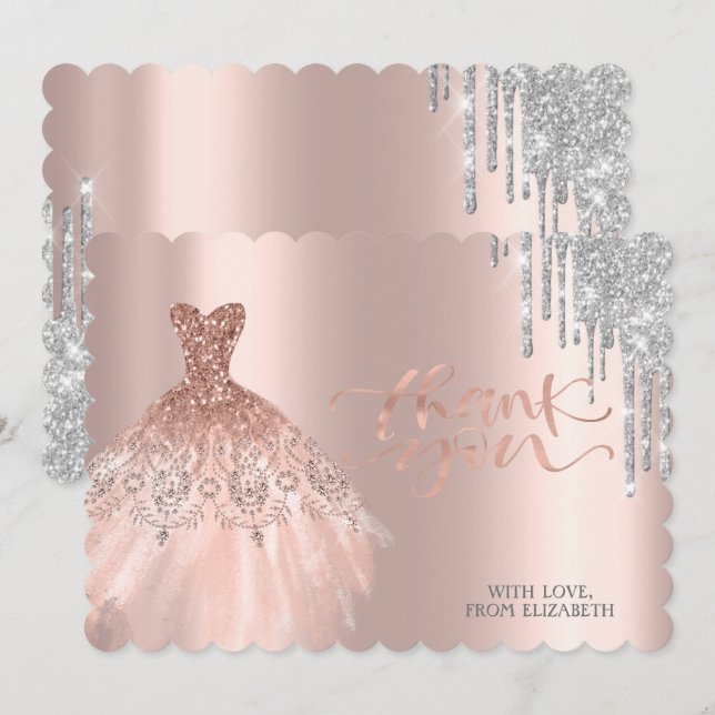 Elegant Silverdroppklänning Roséguld Tack Kort (Fram/baksida)