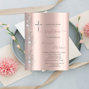 Elegant silverfärg kors dop rose gold glitterdamm inbjudningar