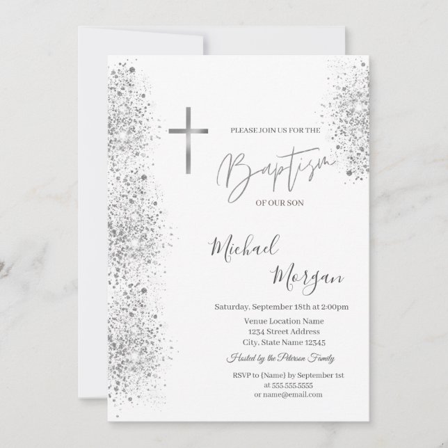 Elegant silverfärg kors dop silver glitterkonfetti inbjudningar (Framsida)