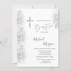 Elegant silverfärg kors dop silver glitterkonfetti inbjudningar