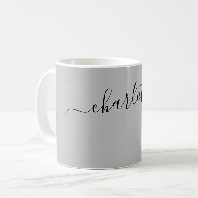 Elegant silverfärg modern personlig namn kaffemugg (Framsida vänster)
