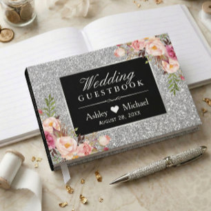 Elegant silverfärgade falska glittergnistande blom gästböcker