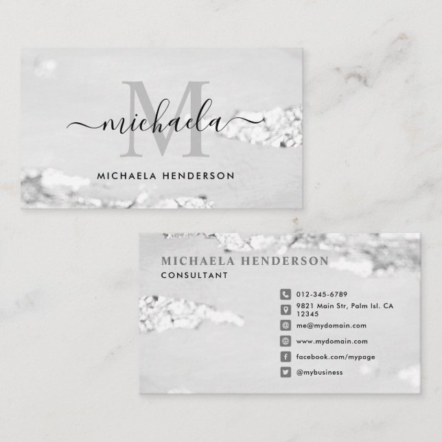 Elegant silverfolie-monogram initial & namn visitkort (Fram/baksida)