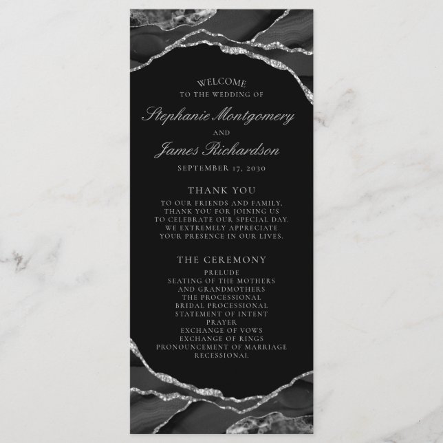 Elegant silverfolie svart agat bröllop program (Framsida)