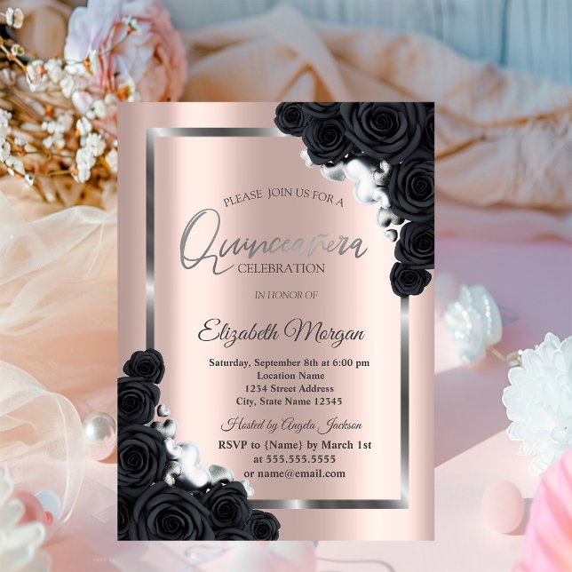 Elegant SilverFrame,Black Ro Quinceañera Inbjudningar (Skapare uppladdad)