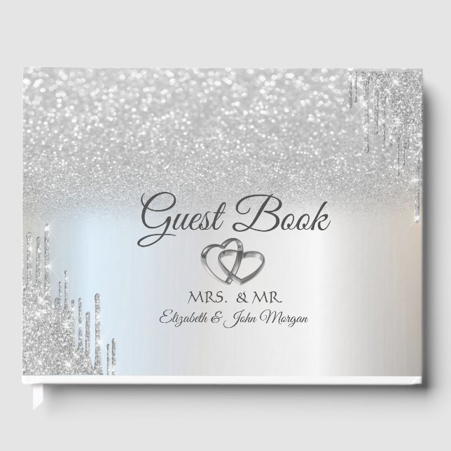 Elegant silverglitter Bokeh-hjärta dropar Bröllop  Gästböcker (Framsida)