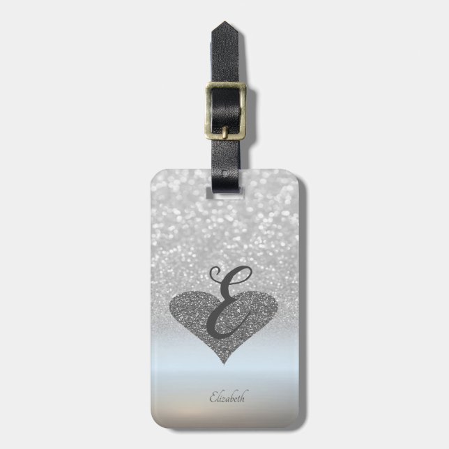 Elegant silverglitter Bokeh, hjärta, monogram Bagagebricka (Vertikal Framsida)