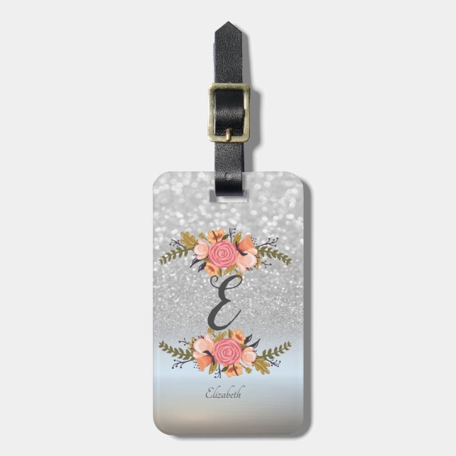 Elegant silverglitter-bokeh, monogram, blommor bagagebricka (Vertikal Framsida)