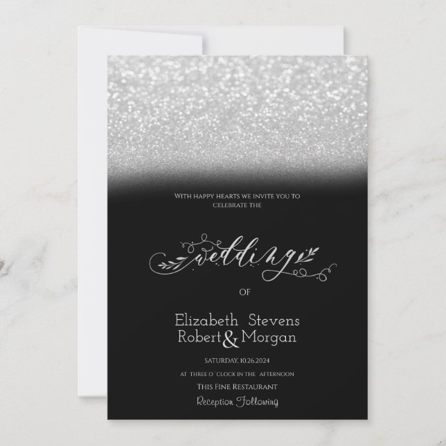  Elegant silverglitter Bokeh svart bröllop  Inbjudningar (Framsida)