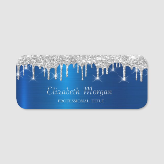 Elegant silverglitter dropar blå metallisk namnbricka (Framsida)