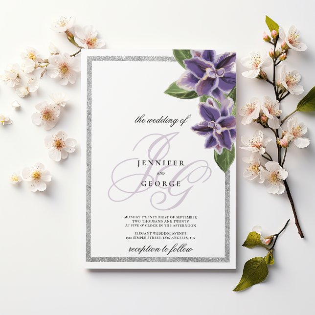 Elegant silverglitter lila lavendel orkidé bröllop inbjudningar (Chic silver glitter purple lavender orchid)