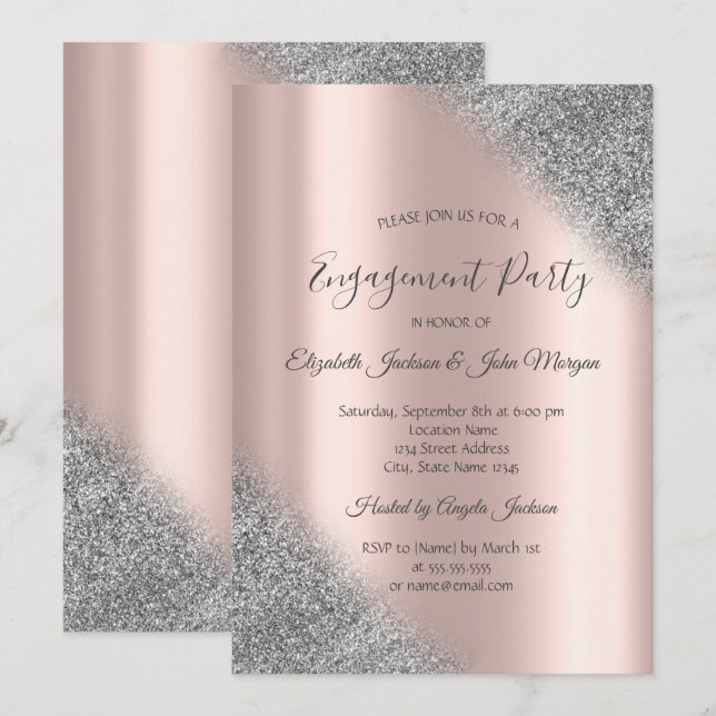Elegant silverglitter ombré roséguld förlovnings-  inbjudningar (Fram/baksida)