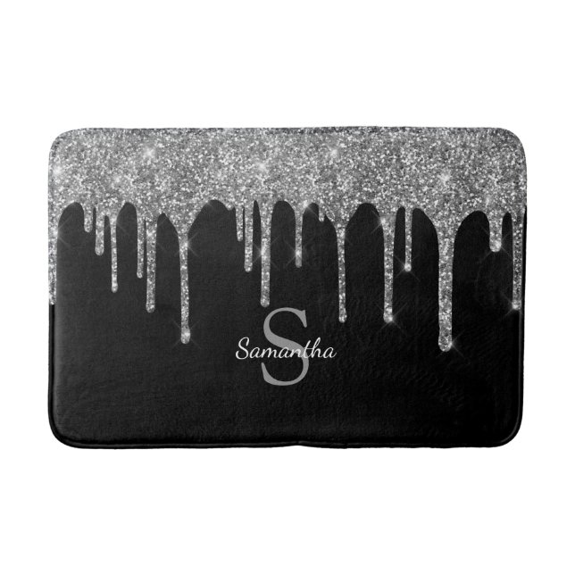 Elegant silverglitterdropppar glitter monogramnamn badrumsmatta (Framsidan)