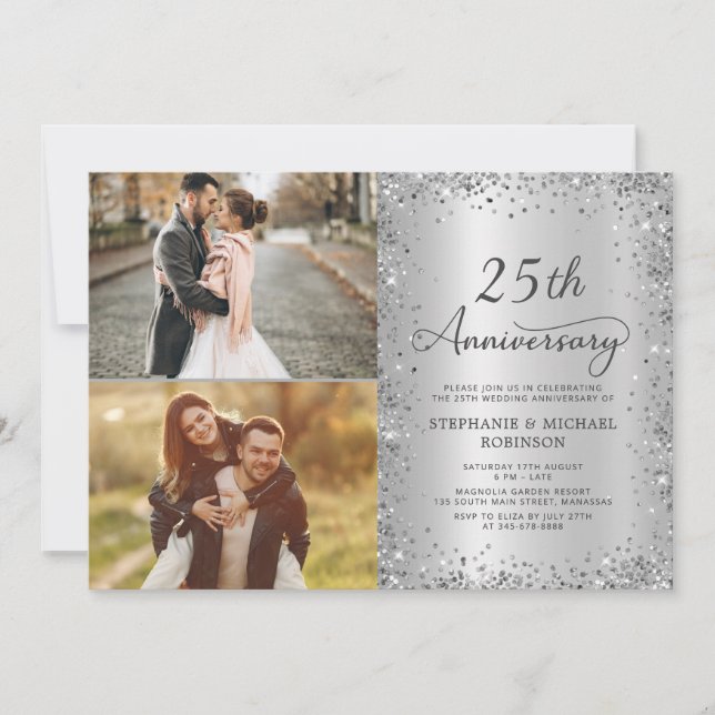 Elegant silverglitterfotot 25-års bröllopsjubileum inbjudningar (Framsida)