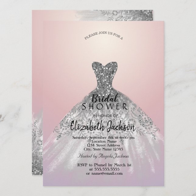 Elegant silverglittrig klänning, Rosa bröllopsdusc Inbjudningar (Fram/baksida)