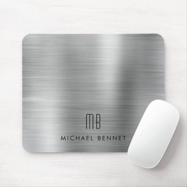 Elegant silvergrå metallisk monogramnamn musmatta (Med mus)