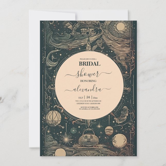 Elegant Silvergrön Tarot Bröllopsdusch Inbjudningar (Framsida)