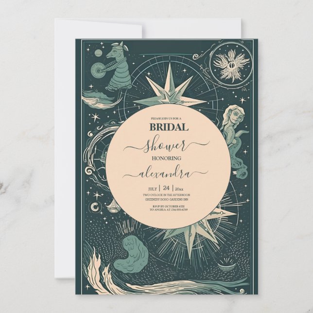 Elegant Silvergrön Tarot Bröllopsdusch Inbjudningar (Framsida)