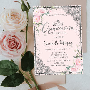 Elegant silverhalsband, rosa diamantblommor Quince Inbjudningar
