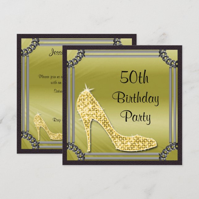 Elegant silverinramad guldstiletto 50-årsdag inbjudningar (Fram/baksida)