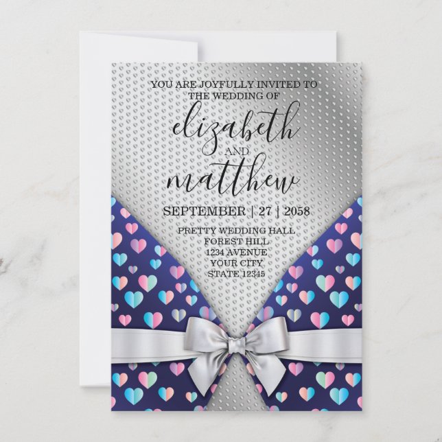 Elegant silverinvitationsslinga med hjärtfläckar inbjudningar (Framsida)