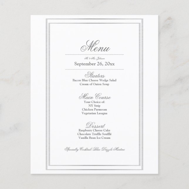 Elegant silverkantad bröllopsmiddagsmeny (Framsida)